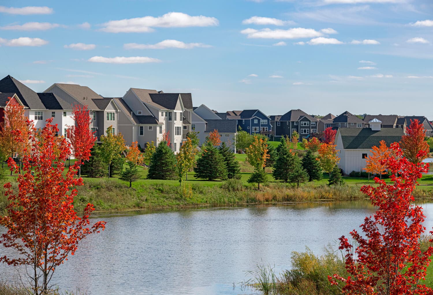 Landscape photo in fall of lake and streetscape